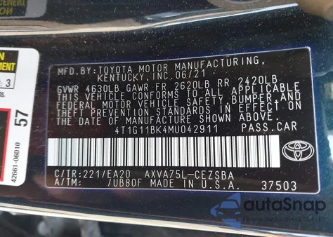2021 Toyota Camry Se Awd z USA, uszkodzony, nr VIN 4T1G11BK4MU042911